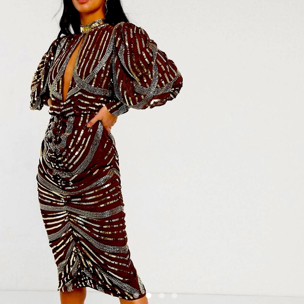 Gorgeous brown and gold beaded dress.